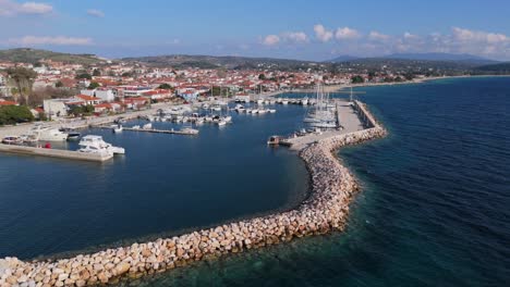 low aerial view of the small marina located in nikiti chalkidiki