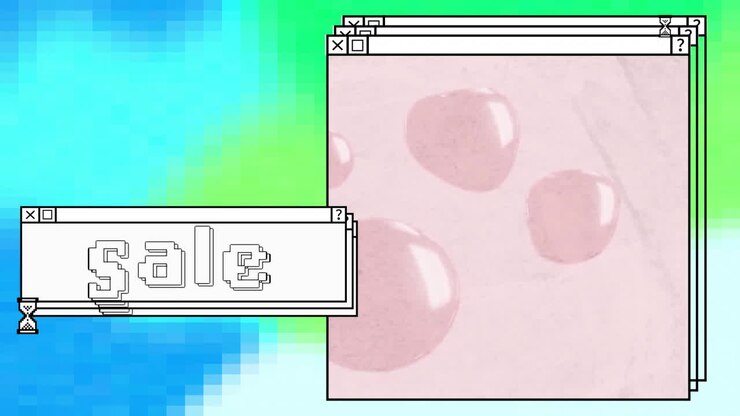 Animation of sale text and computer window screens with neon pattern
