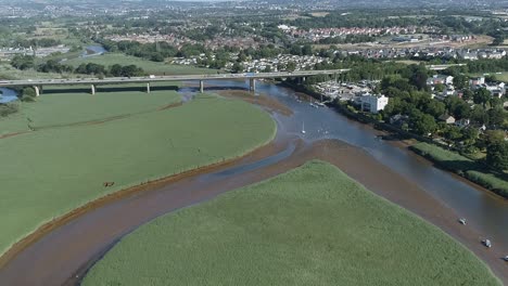 Aerial-over-the-estuary-at-Topsham,-UK