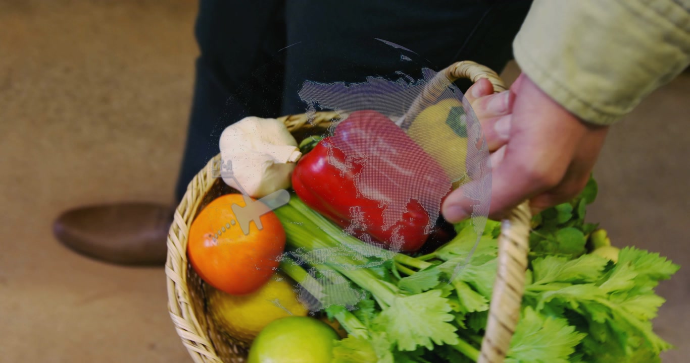 man gripping basket in tech kitchen, lifting produce for delivery while globe glitching with bars