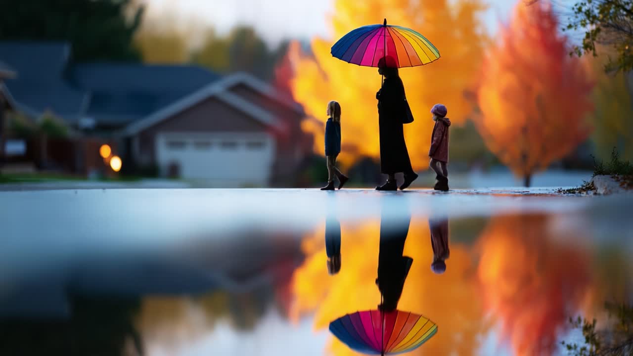 A Colorful Umbrella in Autumn: A Silhouette of a Parent Walking with Two Children Amid Vibrant Fall Colors and Reflections on a Calm Surface