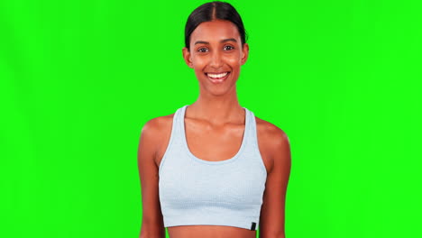 Happy-woman,-fitness-and-thumbs-up-on-green-screen