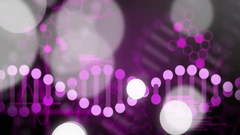 animación de cadenas de adn y estructuras moleculares sobre un fondo púrpura