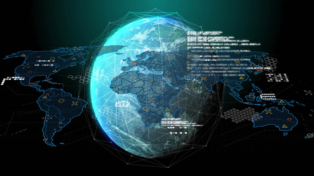 Digital world map and data visualization animation over rotating globe