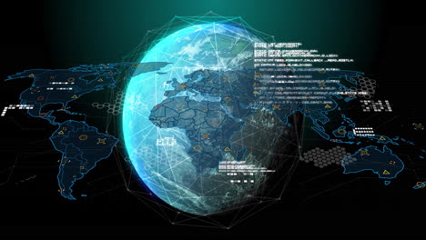 digital world map and data visualization animation over rotating globe