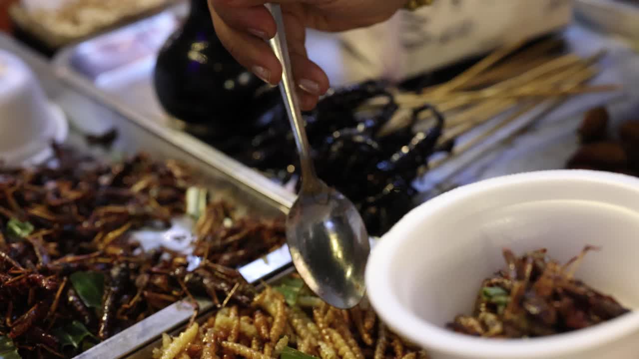 Hands scoop assorted fried insects into bowl at night market, close-up, warm lighting, handheld camera