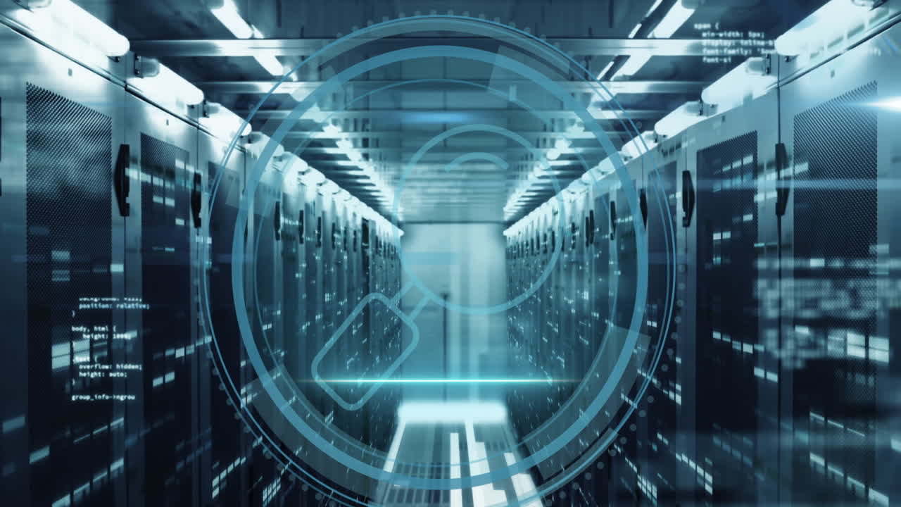 사이버 보안 텍스트 배너와 확대 유리 아이콘의 애니메이션 서버  ⁇ 에 대한 스캔