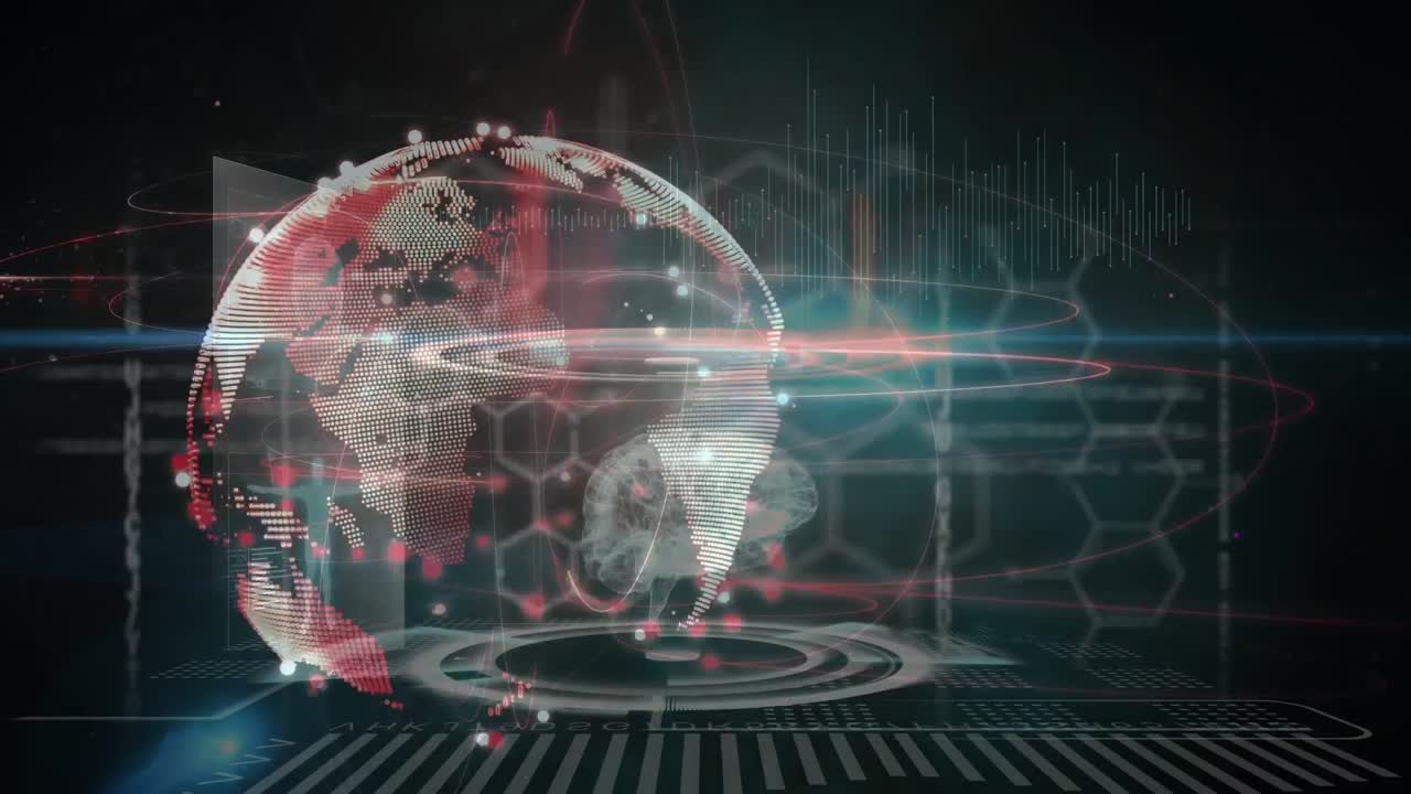 Animation of network of connections and data processing on black background