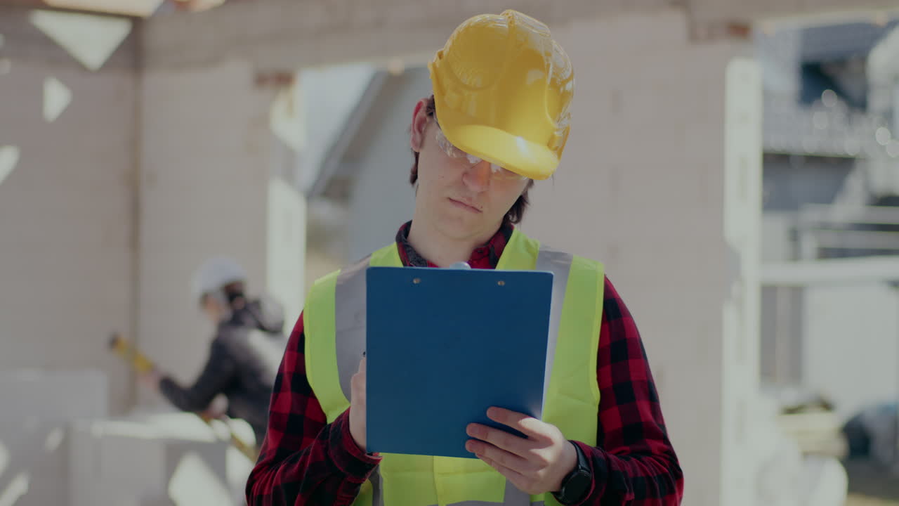 Confident young male contractor wearing hardhat and reflective clothing writing on clipboard at construction site