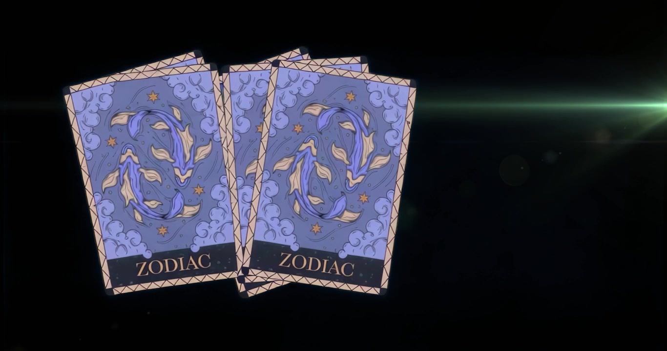 Tilting 3 zodiac cards rotating in void while green flare sweeping across cards to highlight faces