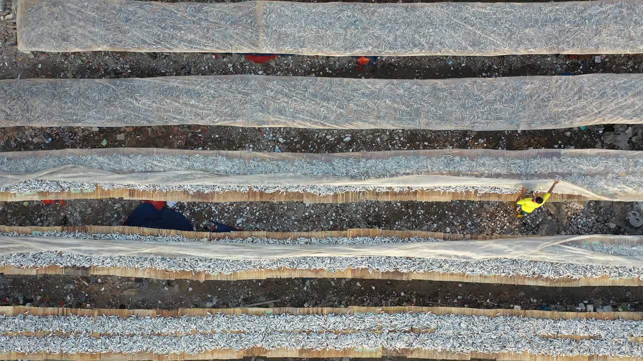 vista aérea de un mercado de pescado con pescado secando al aire libre
