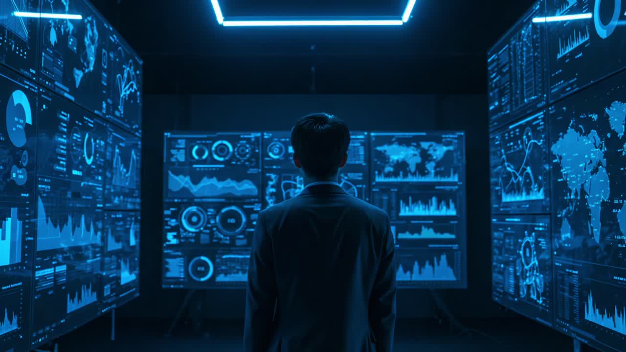 A Business Analyst Observes Complex Data Visualizations in a High-Tech Control Room, Analyzing Trends and Insights from Multiple Dynamic Graphs and Displays