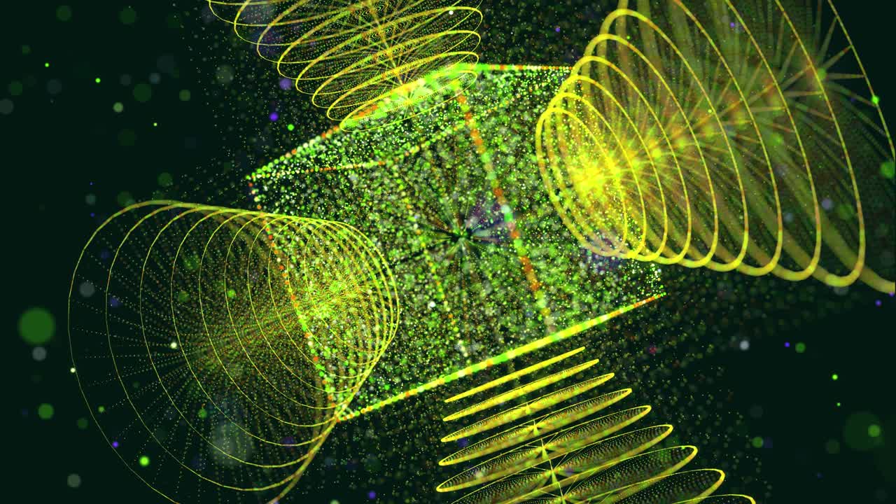 Abstract glow green particles form 3d object. Cubes and cylinders. Vj loop as bg of virtual digital space. Particles form holoram shape as concept of big data, network or vr space. Sci-fi bg.
