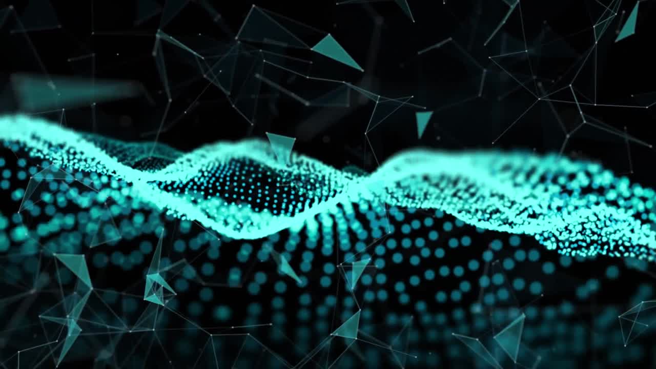 Animation of network of connections with abstract blue glowing spots floating and waving on black ba