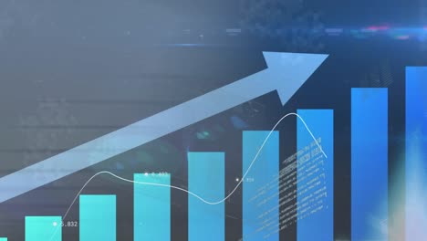 animación del procesamiento de datos estadísticos y puntos de luz contra un fondo azul