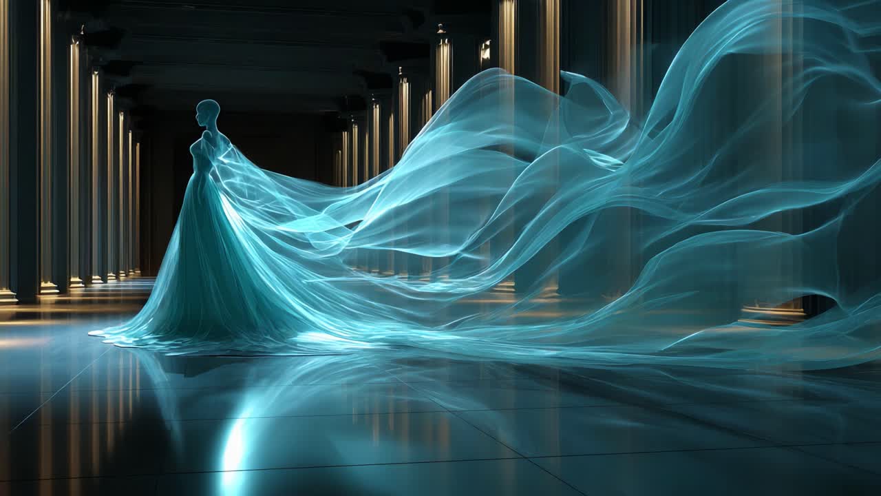 A breathtaking scene depicting an ethereal figure in a flowing turquoise gown, gracefully surrounded by cascading waves of fabric in a luminous corridor of light