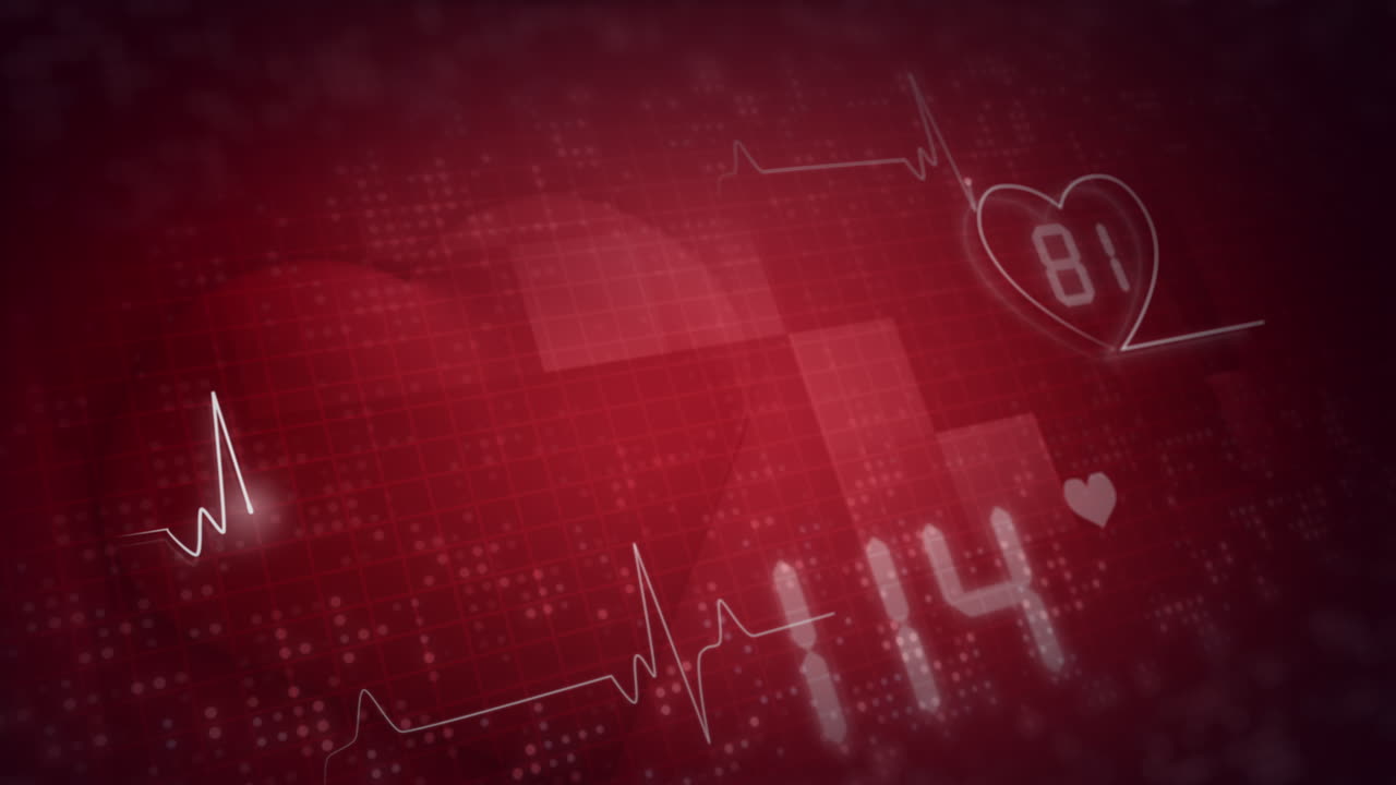 Monitor with electrocardiogram line heart. Heart rate indicators. Abstract looped animation on red background. Medical health care data.