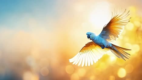 a vibrant parrot in flight against a blurred, sunlit sky