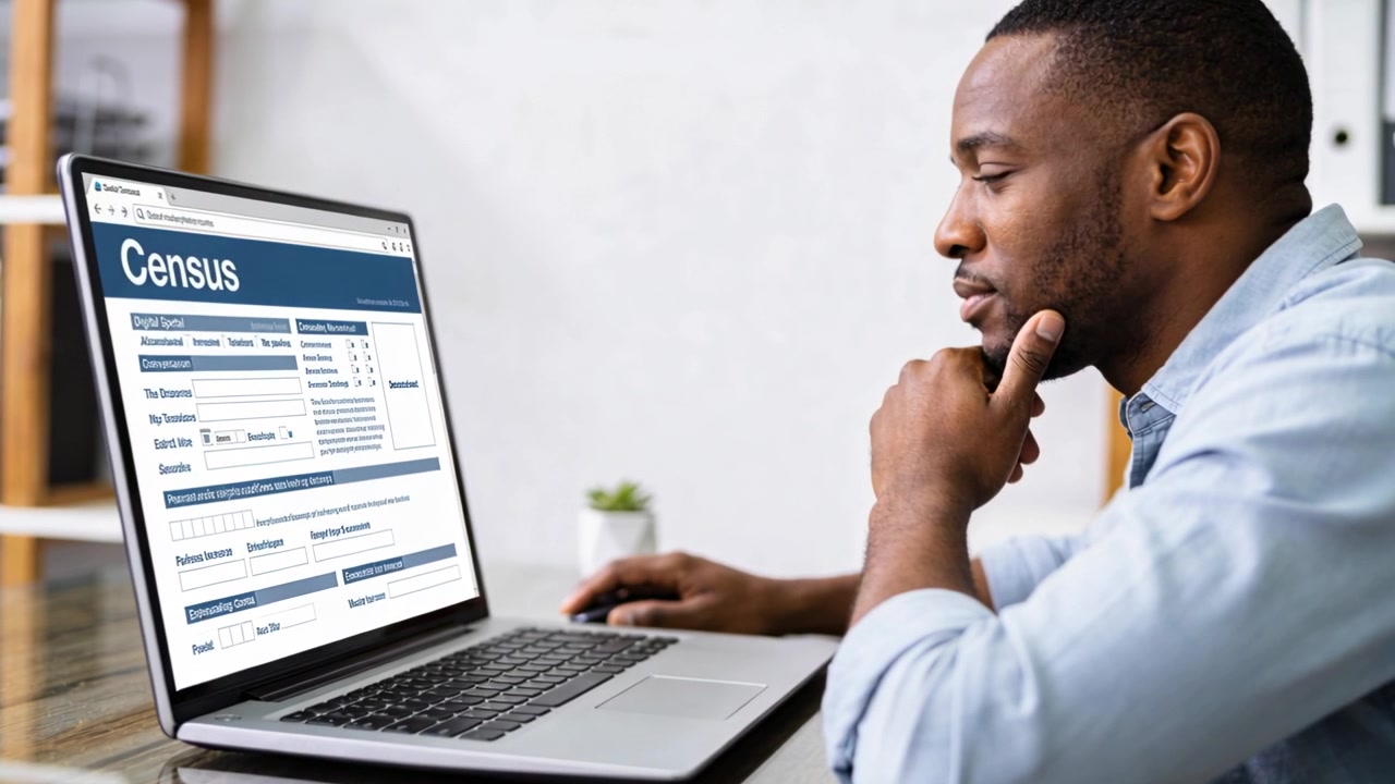 Homme en chemise bleue utilisant un pavé tactile, consultant un formulaire de recensement affiché sur un ordinateur portable à un bureau, avec espace de copie.
