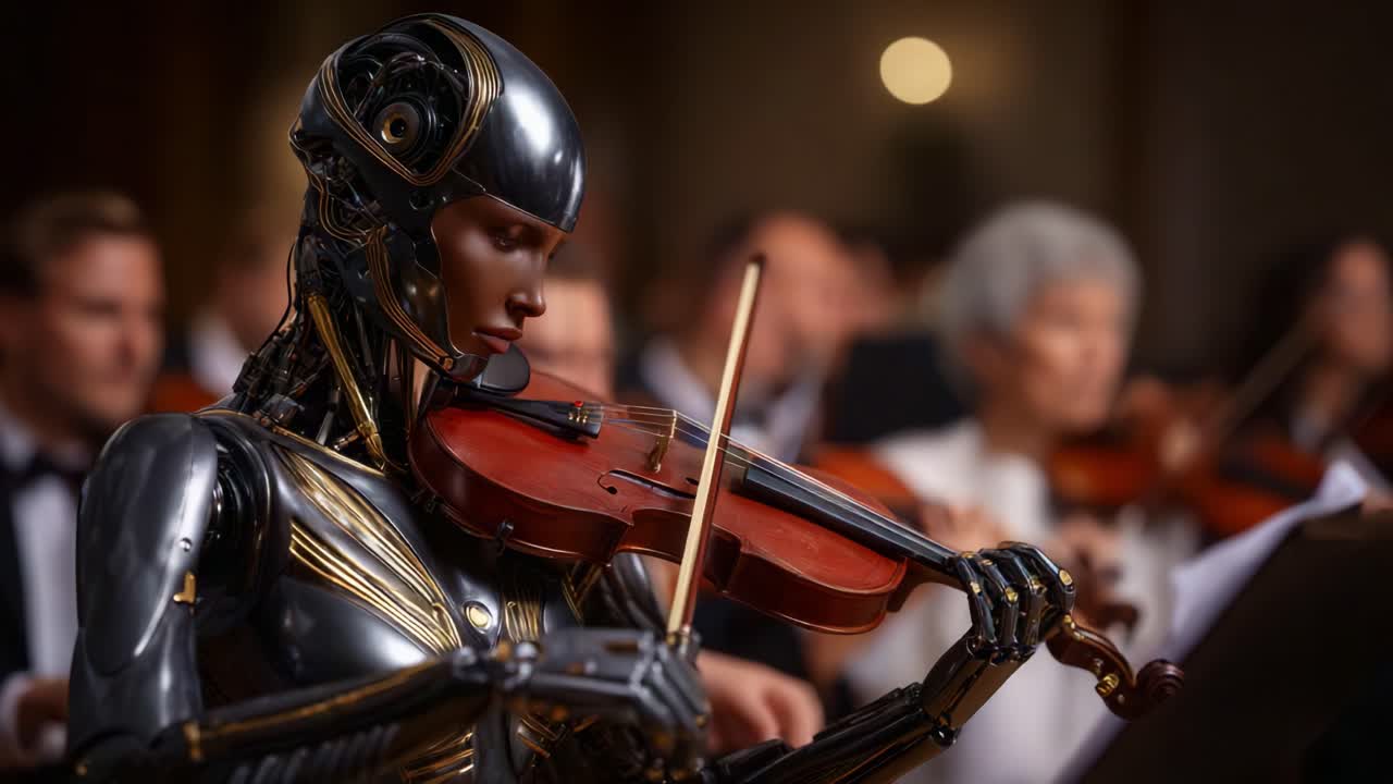 Un robot virtuoso futuristico suona magistralmente il violino in un'elegante orchestra, unendo tecnologia e musica classica in una performance straordinaria