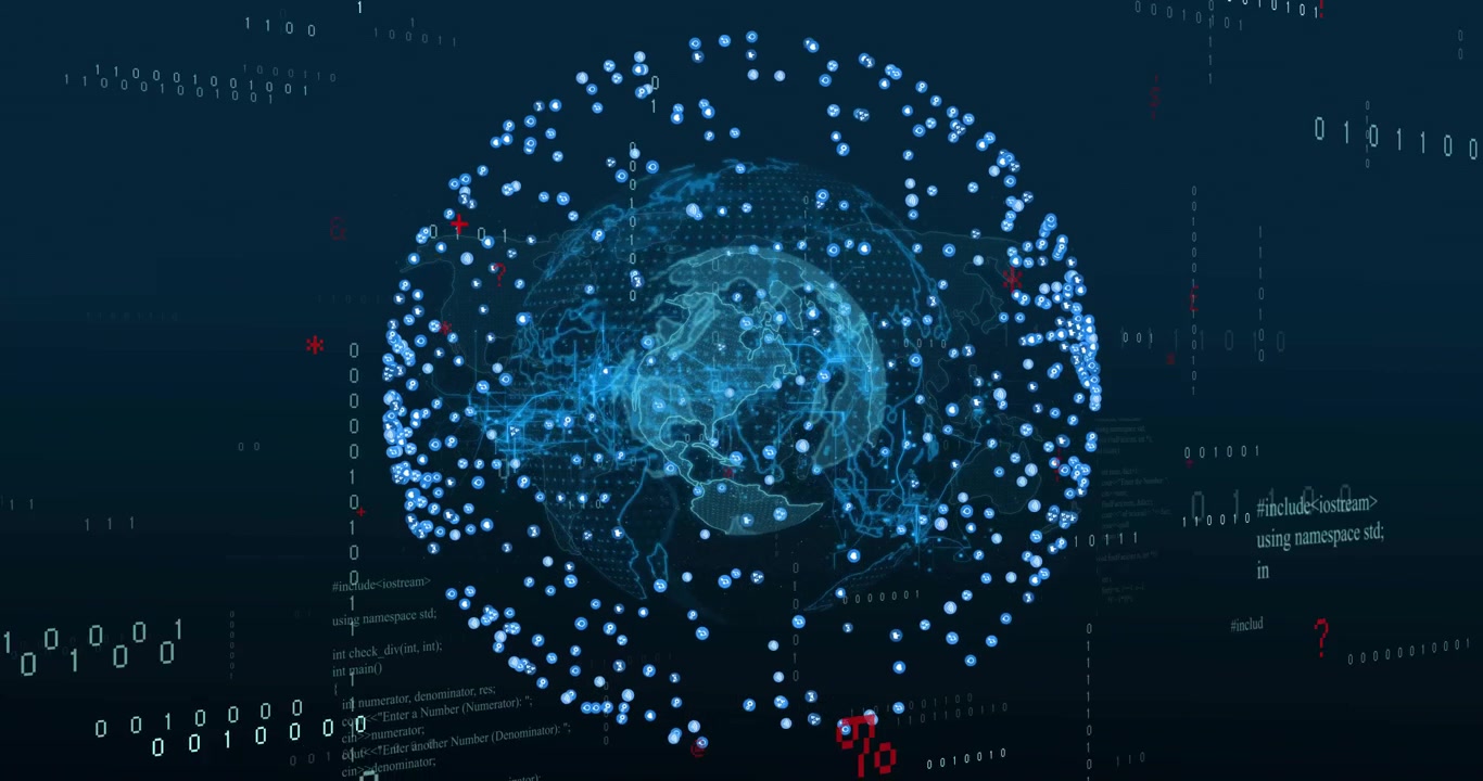Glowing 3D digital globe rotating in scene, with floating network nodes, grid lines, data streams