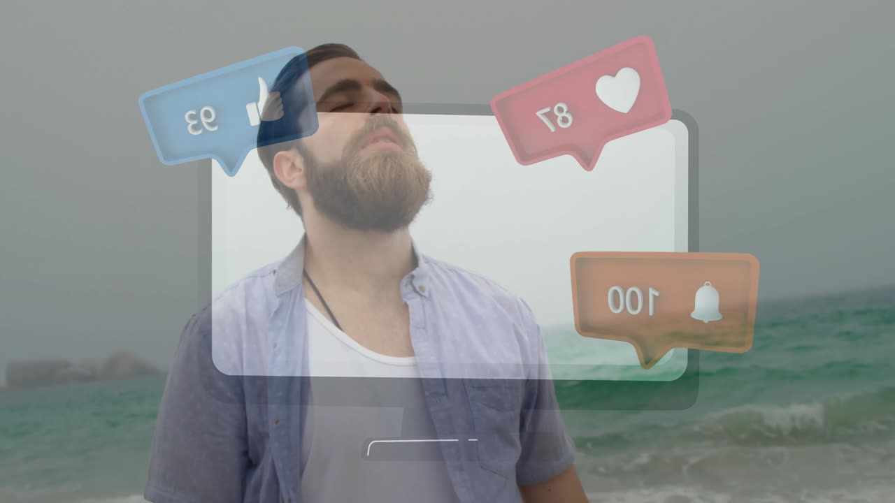At beach, bearded man with animation of social media notification icons