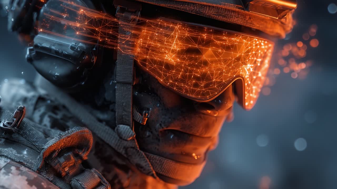 Un Soldato Militare con Visore High-Tech: Esplorando la Fusione di Competenza di Combattimento e Tecnologia Futuristica in un Ambiente di Zona di Guerra Dinamica