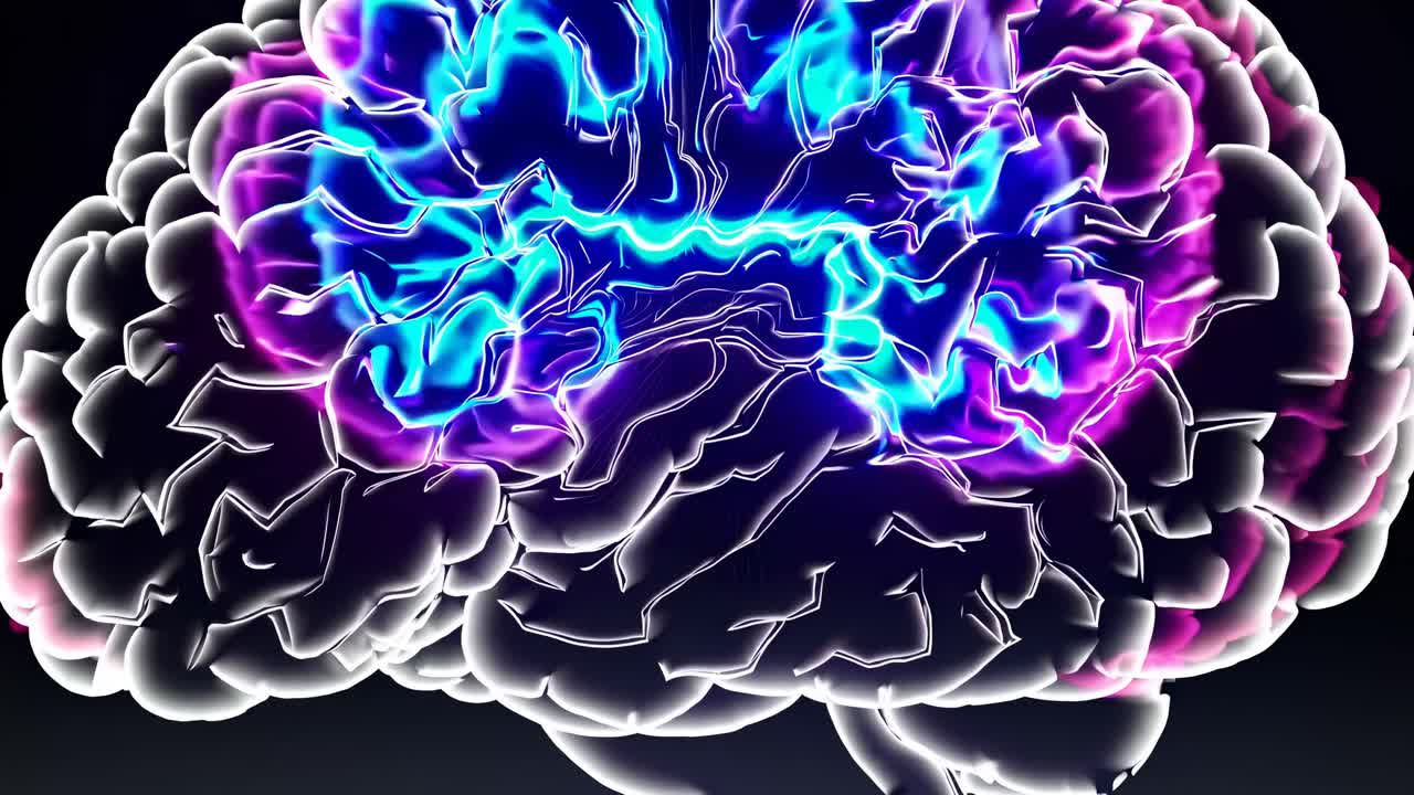 Futuristic video concept of a glowing brain with electric blue highlights