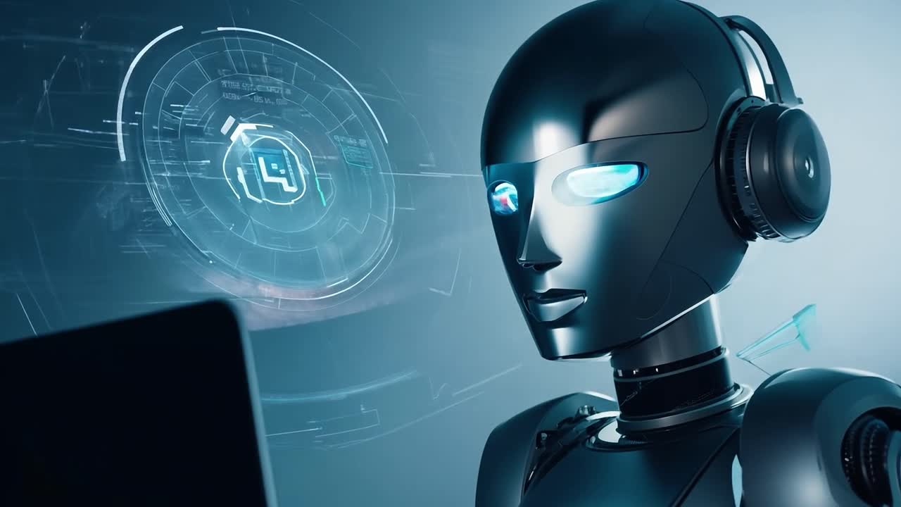 Robot con cuffie e un laptop che guarda lo schermo