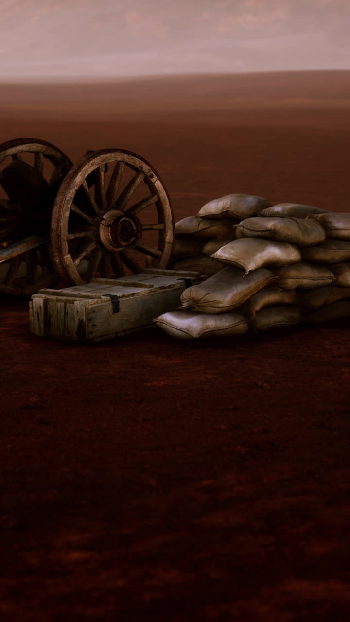 viejo cañón y bolsas de arena en un campo de batalla