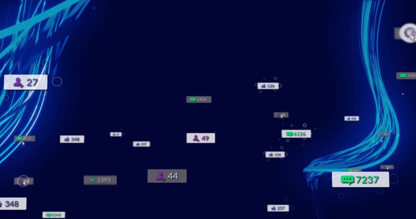 Glowing neon blue ribbons curling floating counters highlighting metrics visualizing growth