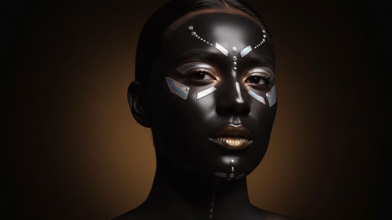 Elegant and Striking Portrait of a Model with Artistic Black Face Paint and Glimmering Accents Against a Warm Background, Capturing a Unique Spirit and Aesthetic