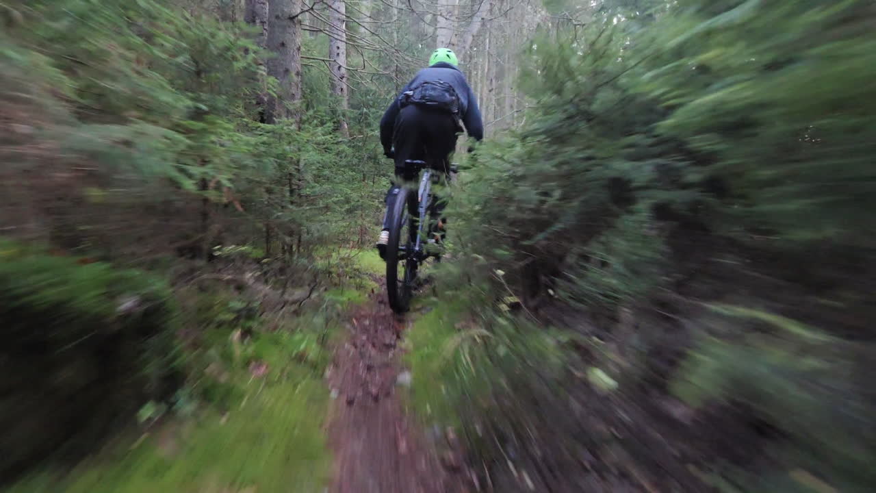 cámara lenta de ciclista de montaña montando en bicicleta en un sendero de bosque natural, siguiendo la toma de acción