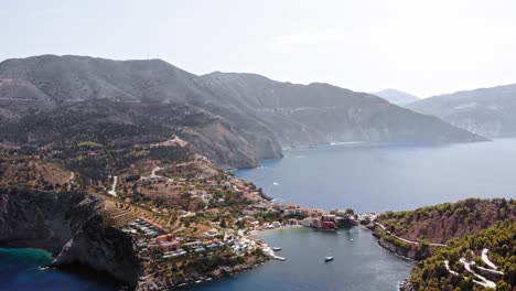 Colorful-Village-of-Asos-in-Kefalonia,-Greece---aerial-drone-shot