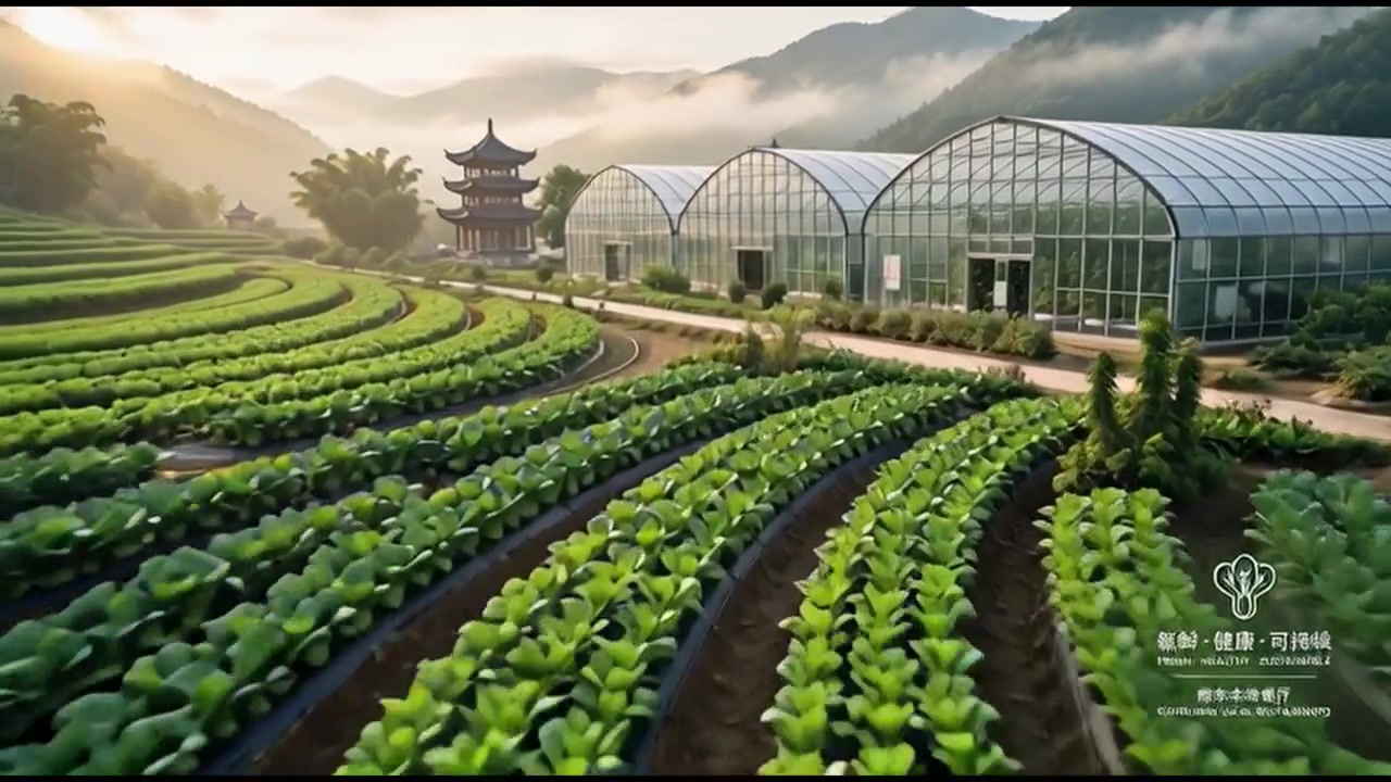日の出の有機野菜農園と温室の空撮