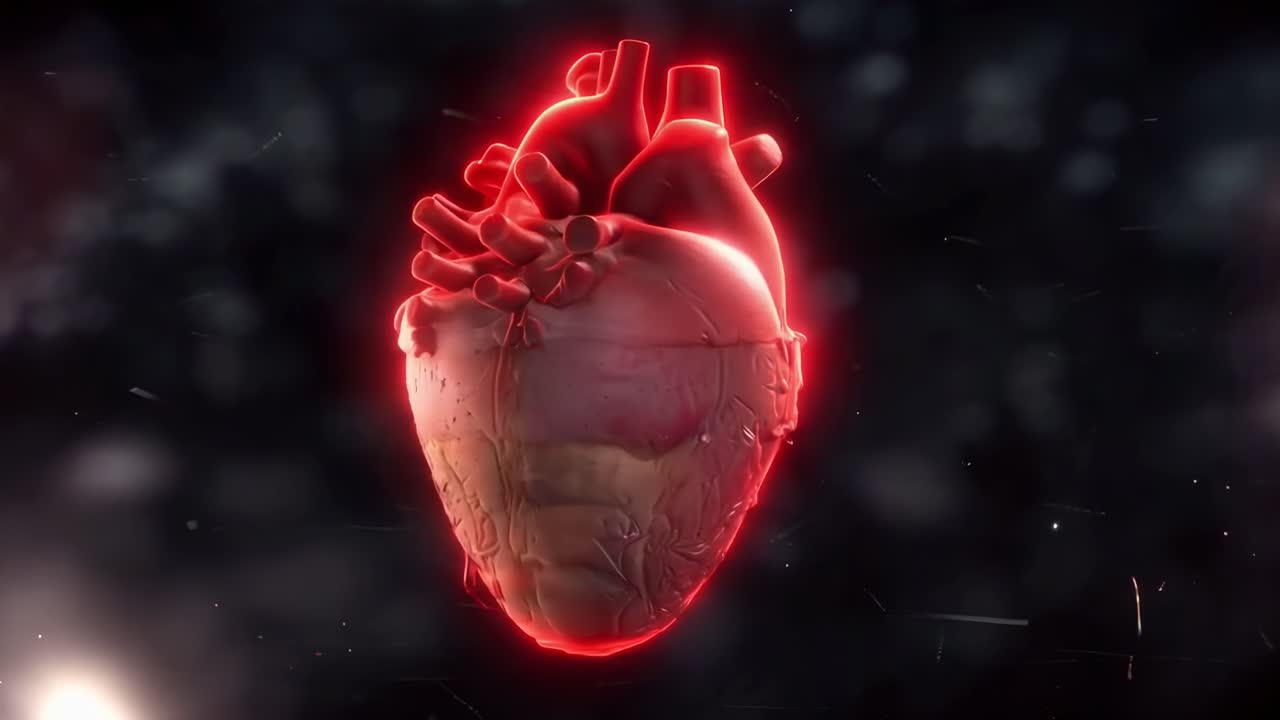 A 3D-rendered heart in a glowing red hue, captured from a frontal angle in a dynamic video