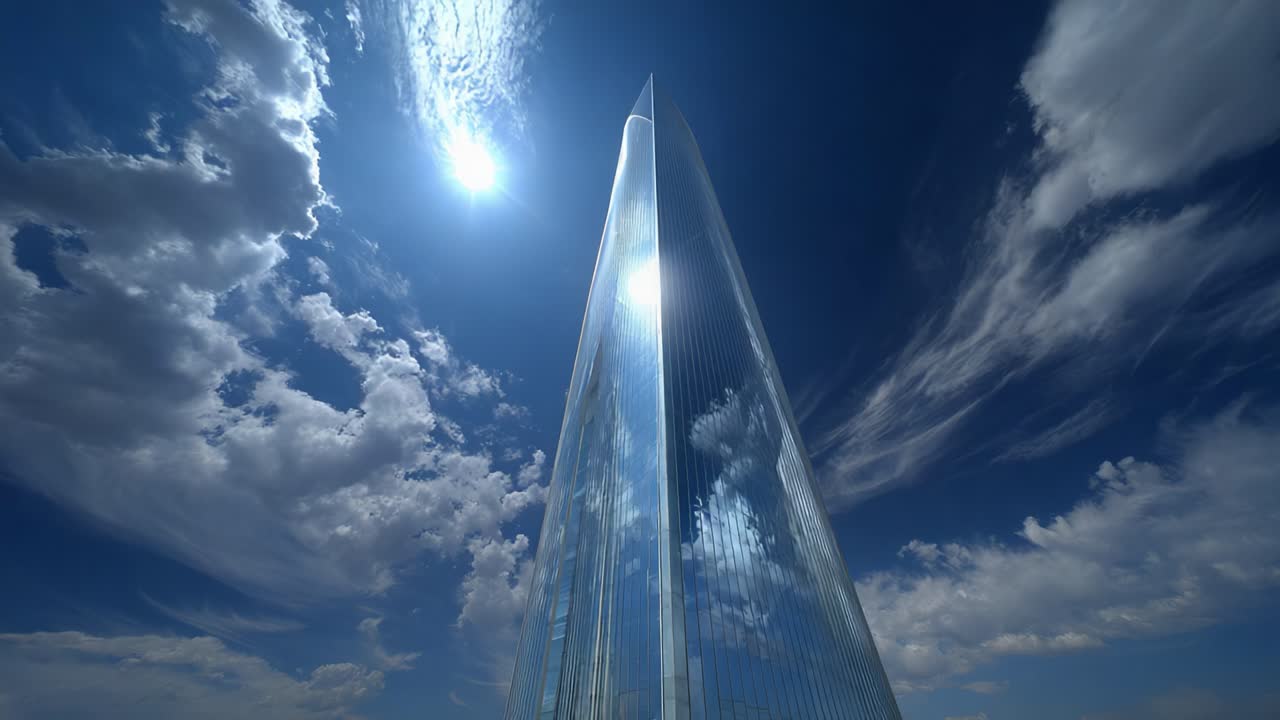 A Majestic Skyscraper Reaching Towards the Sky Under a Beautiful Blue Horizon with Fluffy Clouds and Bright Sunlight Reflecting on the Glass Facade