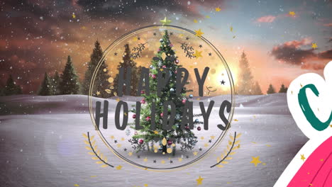 animation of christmas greetings text and christmas tree with snow falling in winter scenery