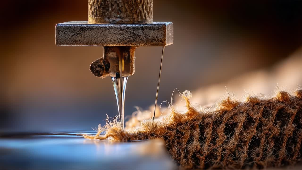 Close-up of a sewing machine needle piercing through fabric, capturing the intricate details of stitching and the precision of textile manipulation in a focused craftsmanship context