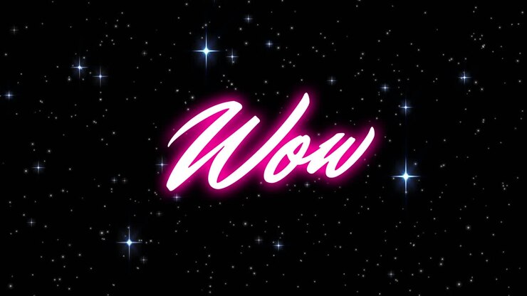 Animation of wow text over stars on black background