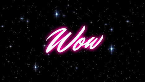 animation of wow text over stars on black background