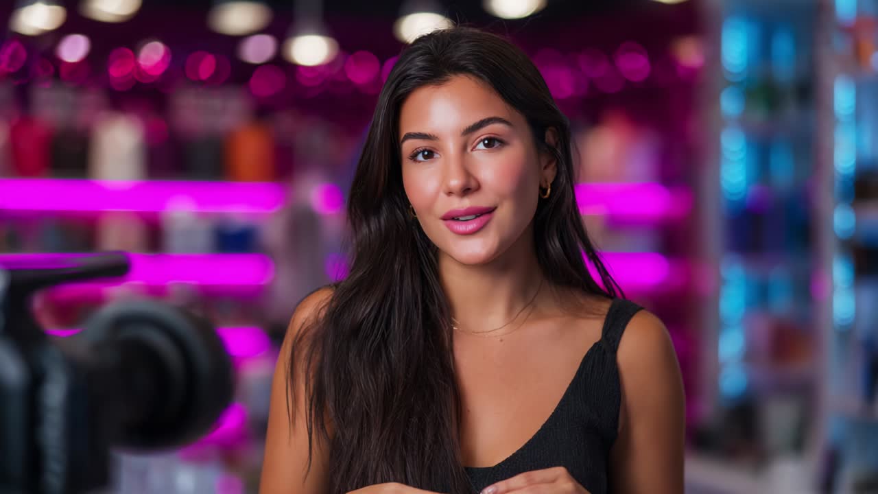 Engaging Content Creation: A Captivating Journey with a Charismatic Presenter at a Stylish Set with Vibrant Pink Backgrounds; She Shares Insights and Tips About Lifestyle and Connection in a Professional Setting