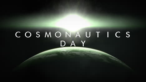 Animation-closeup-Cosmonautics-Day-text-with-cinematic-motion-planet-and-light-of-comet-in-galaxy