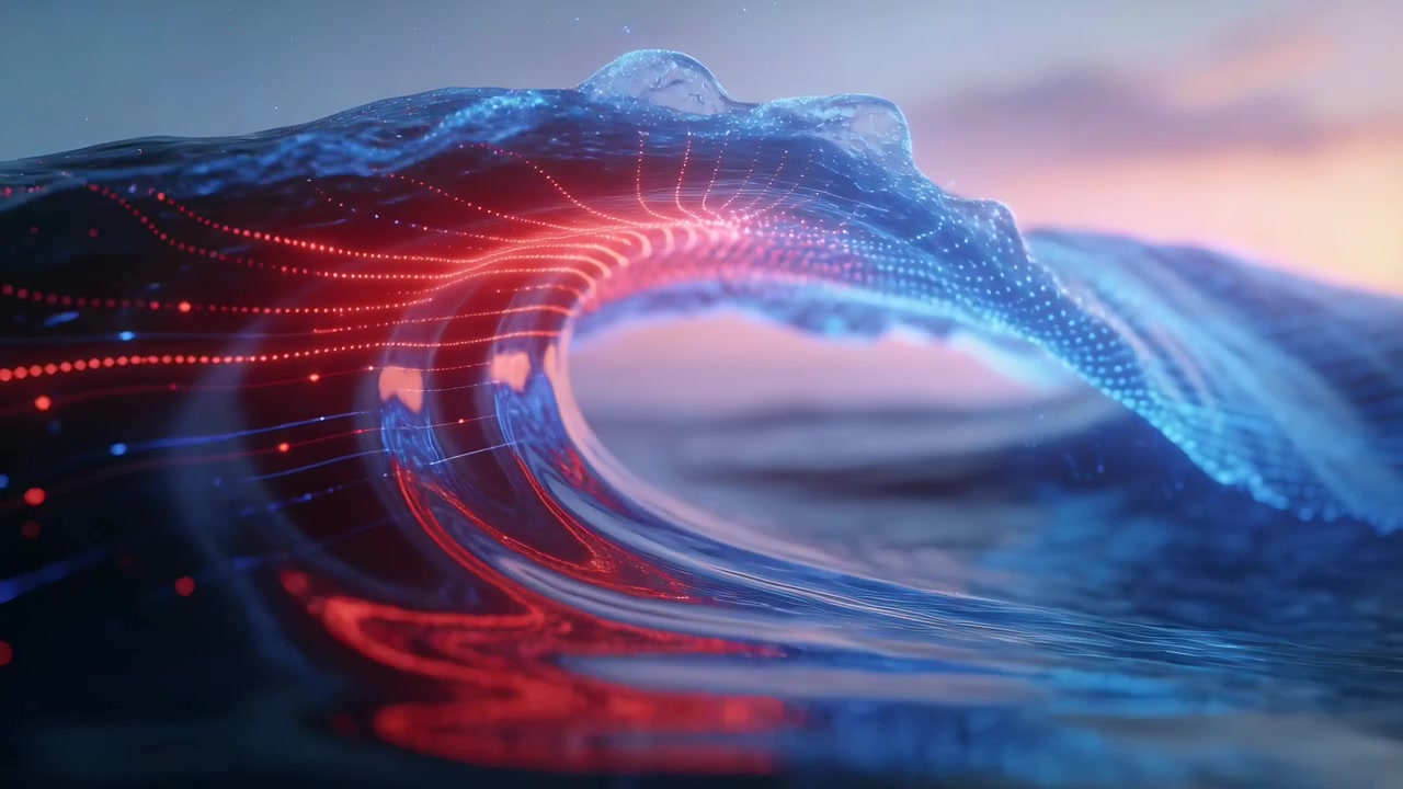 Stylized ocean wave moving right at sea with low tracking, showing red inner blue crest streams