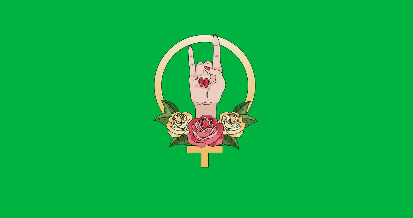Mano che forma il segno del rock sopra delle rose, su un banner circolare e sfondo nero