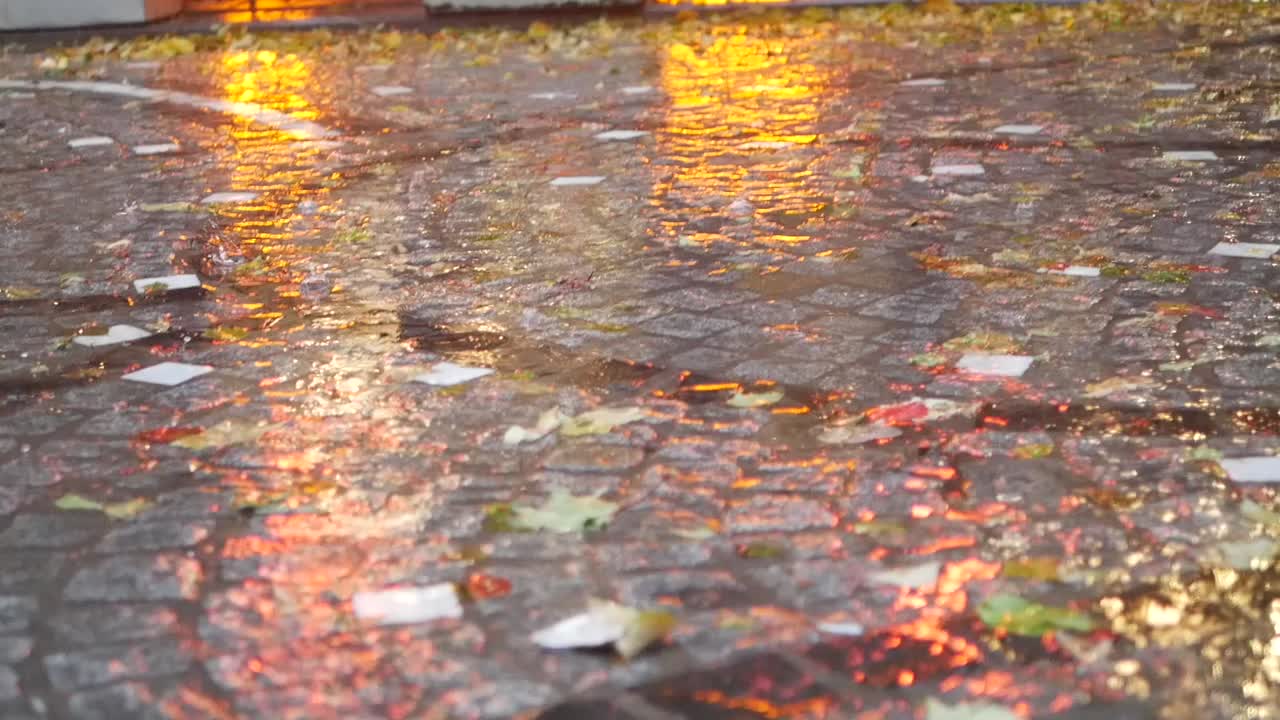 Person walking on a wet cobblestone street at night