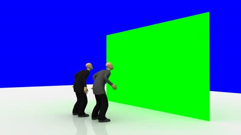 Animación-Que-Presenta-Hombres-3D-Mirando-Una-Pared-Verde.