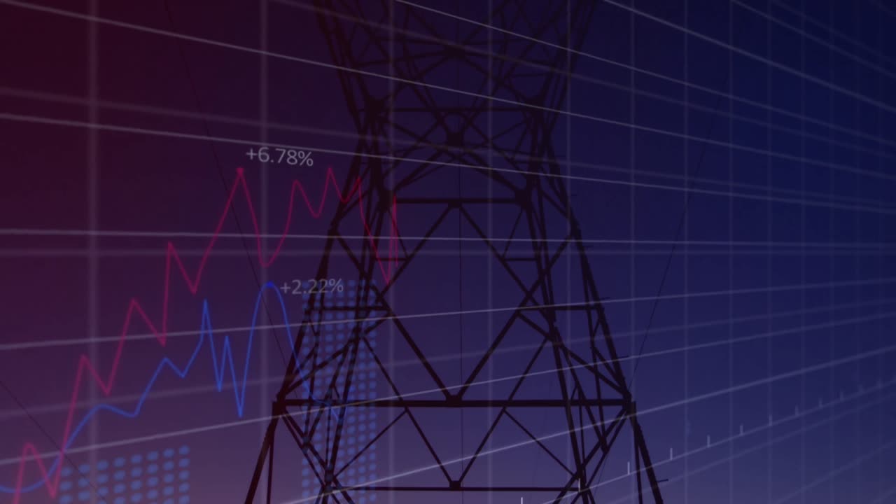 animación del procesamiento de datos estadísticos sobre la torre de la red contra el cielo al atardecer.