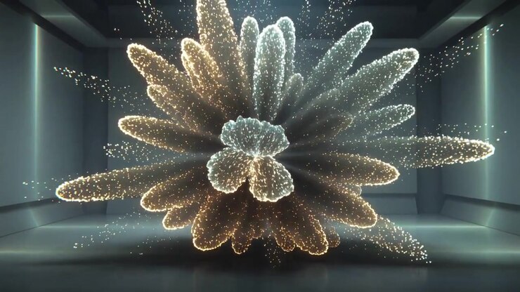 Sequenza che inizia con una scultura di particelle che si forma, si espande e irradia in una camera con pavimento riflettente