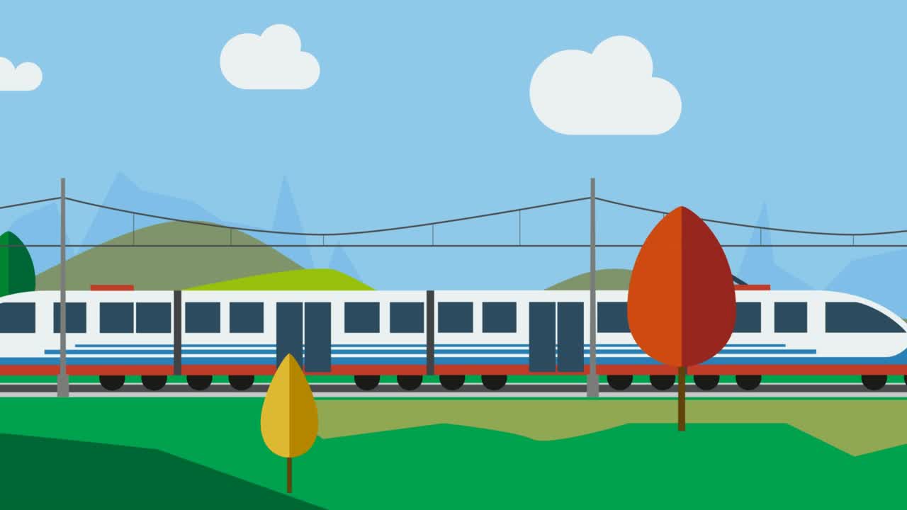 시골을 배경으로 열차 애니메이션, 만화 2d 애니메이션, 움직이는 언덕과 나무 배경, 만화 고속 열차, 루프 영상 4k